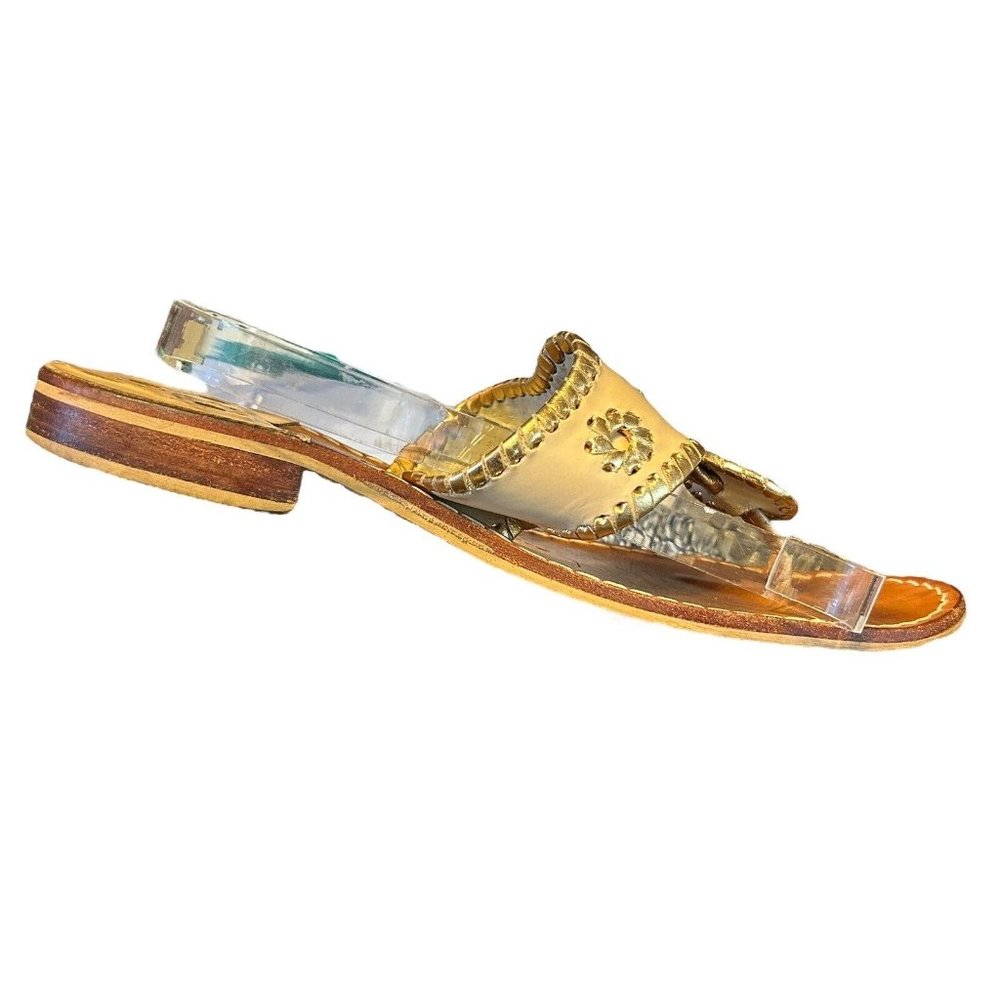 Jack Rogers Jacks II Beige/Gold Leather Flat Thong Sandal Shoes Womens 10 Casual - Picture 4 of 15